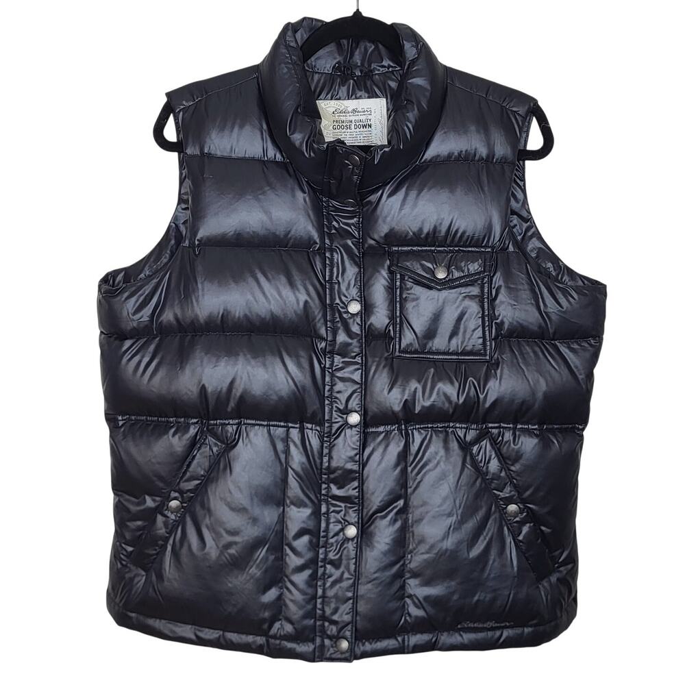 Eddie Bauer Premium Goose Down Black Quilted Puffer Zip and Snap Vest Wmn's XL